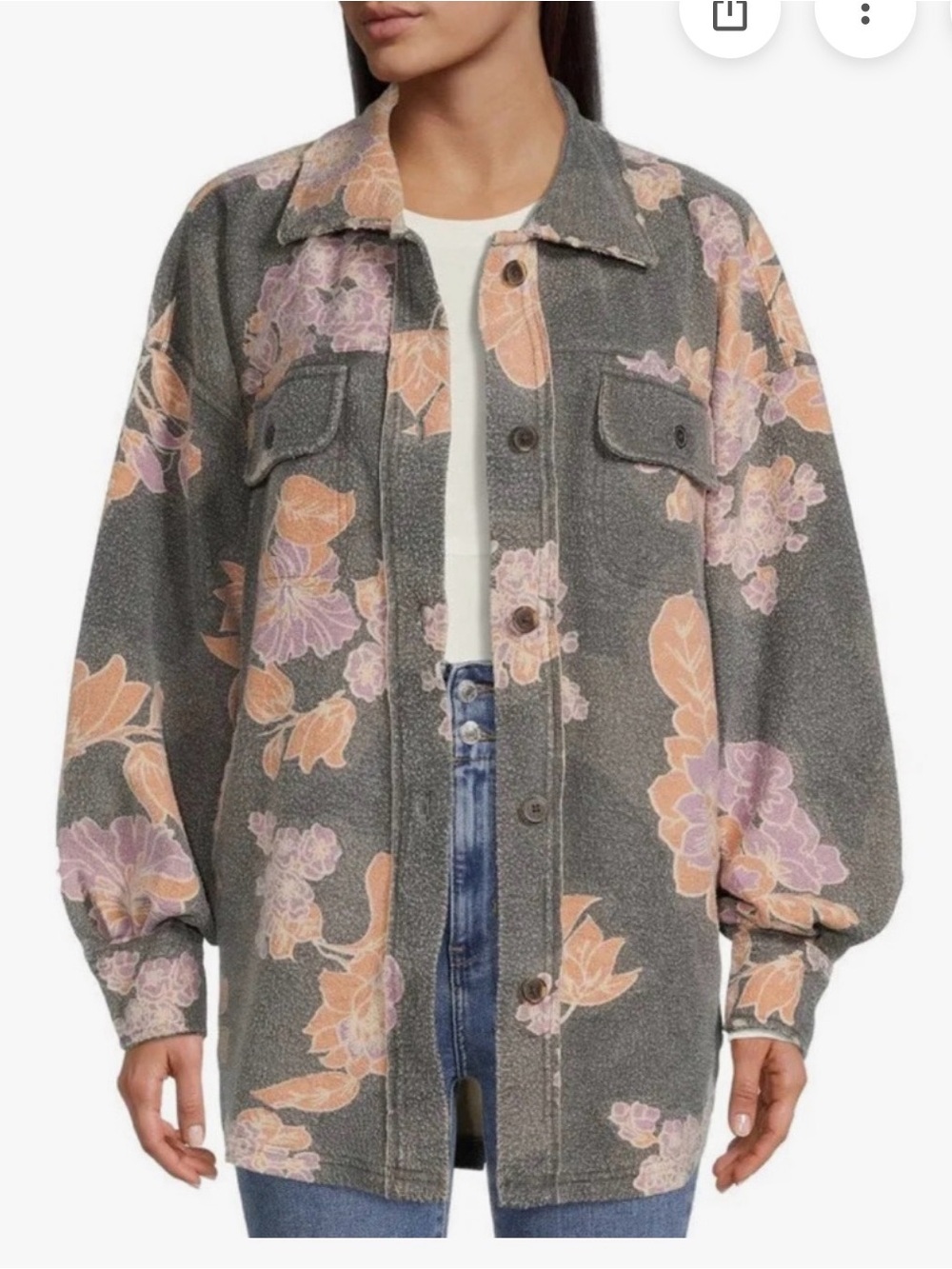 Free People “Ruby” Fleece Floral Oversized Shirt in Charcoal Gray